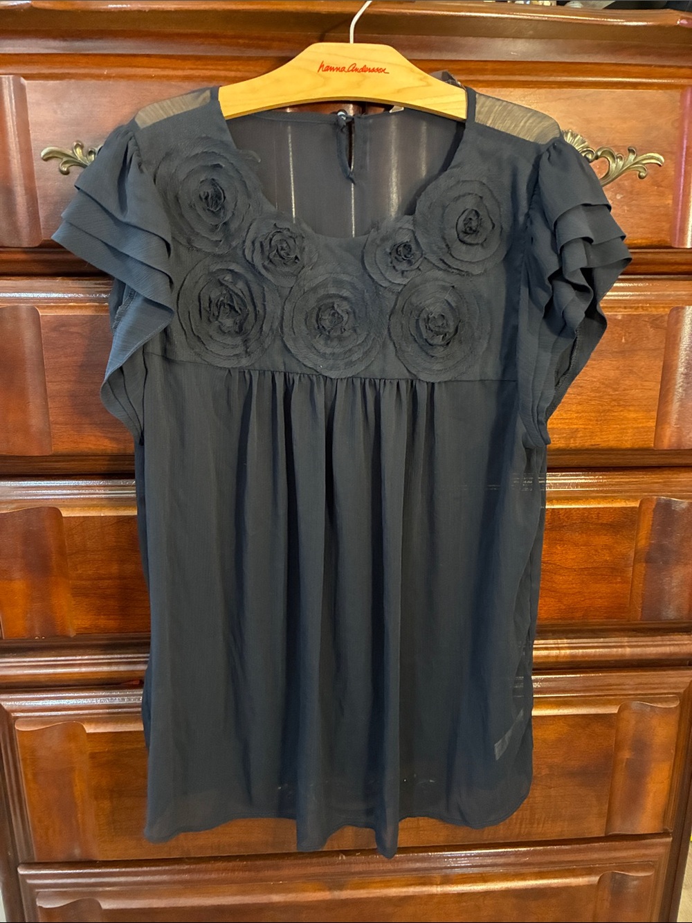 Max XL Black Floral Applique Layered Sleeve Blouse